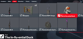 The HITMAN inventory screen, showing The In-flu-ential Duck alongside several other items.